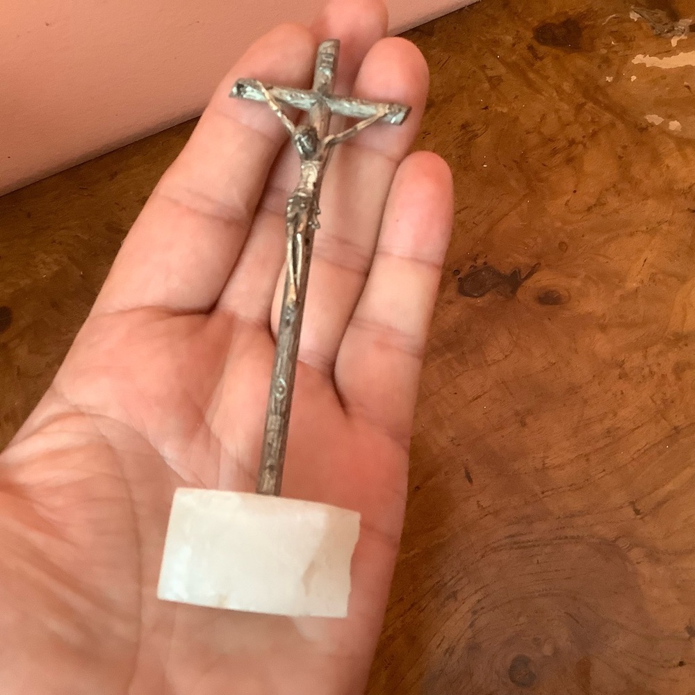Vintage Metal  Marble Stone Mounted Crucifix  5” Religious Art. Car Or Table Top